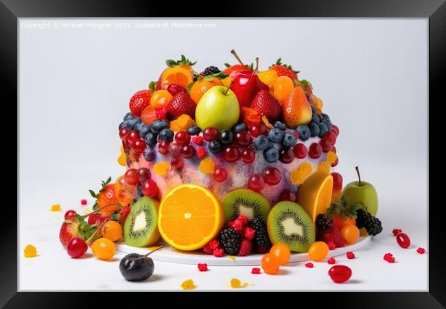 A big cake made of colorful fruits on a white background created Framed Print by Michael Piepgras