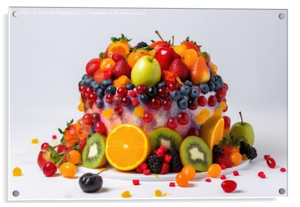 A big cake made of colorful fruits on a white background created Acrylic by Michael Piepgras