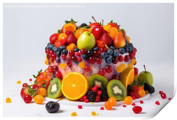 A big cake made of colorful fruits on a white background created Print by Michael Piepgras