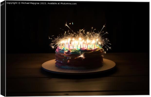 A birthday cake with lots of lights created with generative AI t Canvas Print by Michael Piepgras