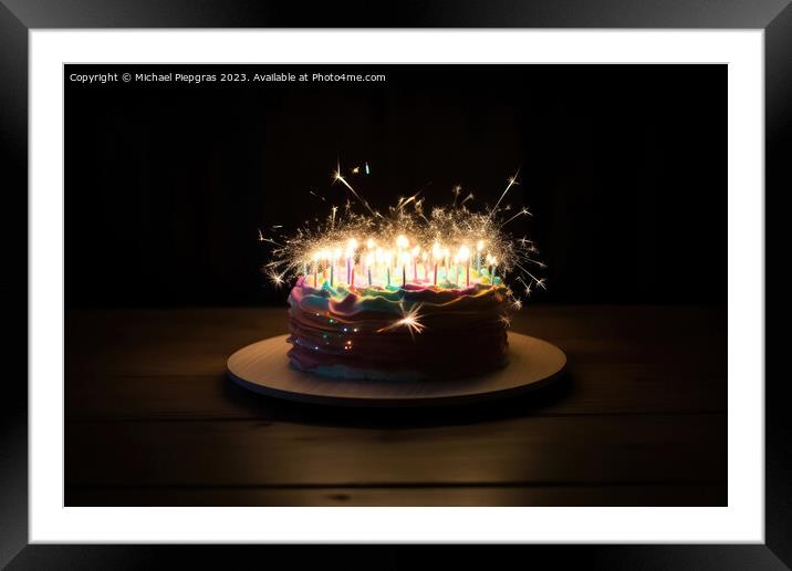 A birthday cake with lots of lights created with generative AI t Framed Mounted Print by Michael Piepgras