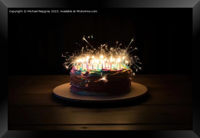 A birthday cake with lots of lights created with generative AI t Framed Print by Michael Piepgras