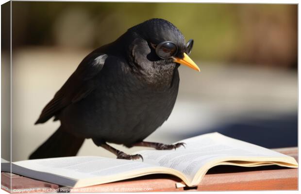 A blackbird wearing sunglasses and reading a book created with g Canvas Print by Michael Piepgras
