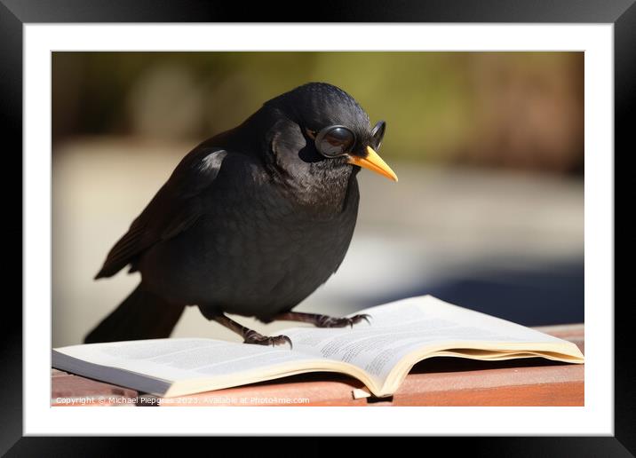 A blackbird wearing sunglasses and reading a book created with g Framed Mounted Print by Michael Piepgras