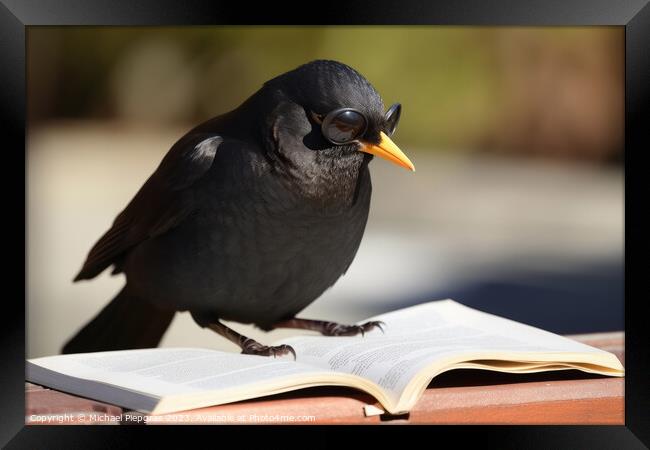 A blackbird wearing sunglasses and reading a book created with g Framed Print by Michael Piepgras