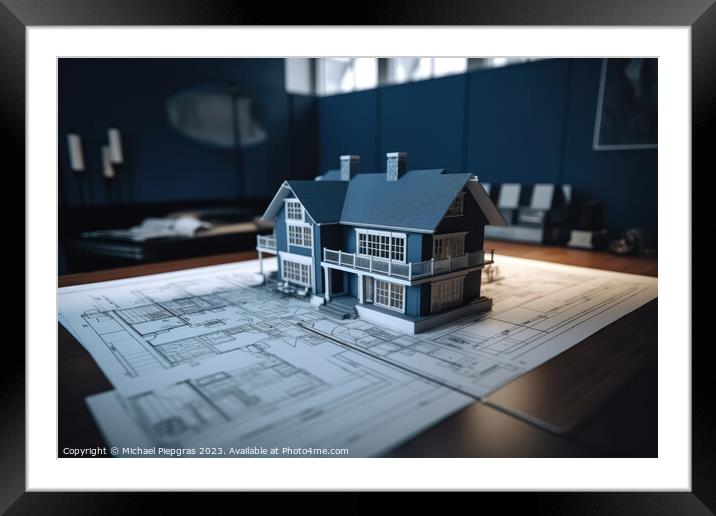A blueprint of a residential house on a desk with a model of the Framed Mounted Print by Michael Piepgras