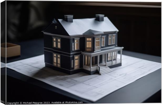 A blueprint of a residential house on a desk with a model of the Canvas Print by Michael Piepgras