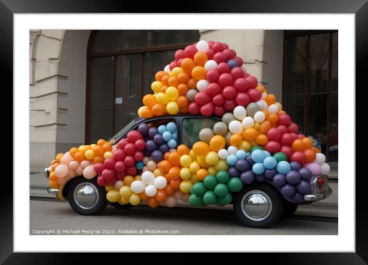 A car made of festive balloons created with generative AI techno Framed Mounted Print by Michael Piepgras