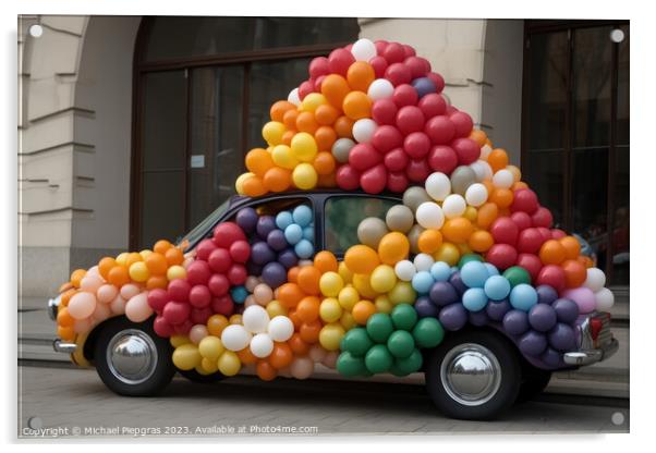 A car made of festive balloons created with generative AI techno Acrylic by Michael Piepgras