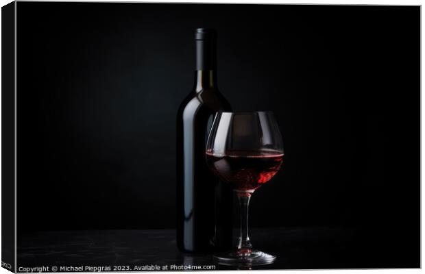 A complete wine bottle and a matching glass on a reflective dark Canvas Print by Michael Piepgras