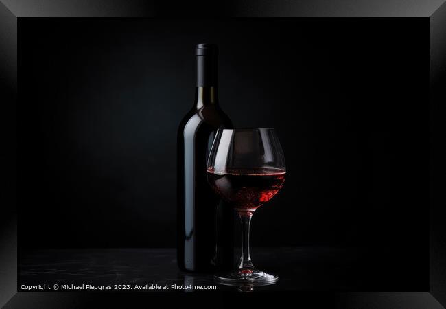 A complete wine bottle and a matching glass on a reflective dark Framed Print by Michael Piepgras
