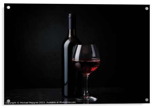 A complete wine bottle and a matching glass on a reflective dark Acrylic by Michael Piepgras