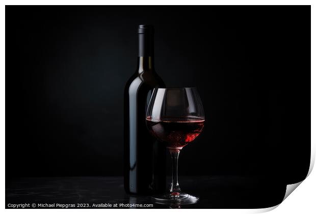 A complete wine bottle and a matching glass on a reflective dark Print by Michael Piepgras
