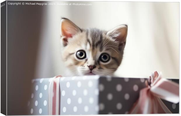 A cute kitten looking out of a present box created with generati Canvas Print by Michael Piepgras