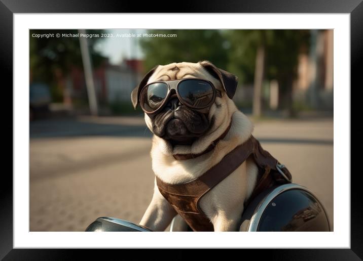 A dog riding a motorbike created with generative AI technology. Framed Mounted Print by Michael Piepgras
