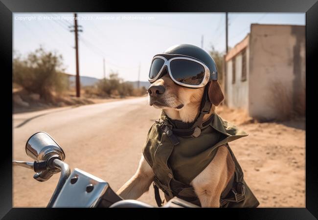 A dog riding a motorbike created with generative AI technology. Framed Print by Michael Piepgras