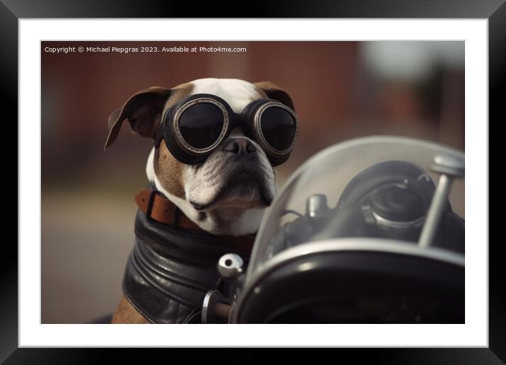 A dog riding a motorbike created with generative AI technology. Framed Mounted Print by Michael Piepgras