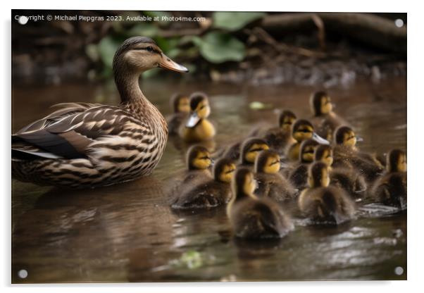 A duck mother with a lot of ducklings created with generative AI Acrylic by Michael Piepgras