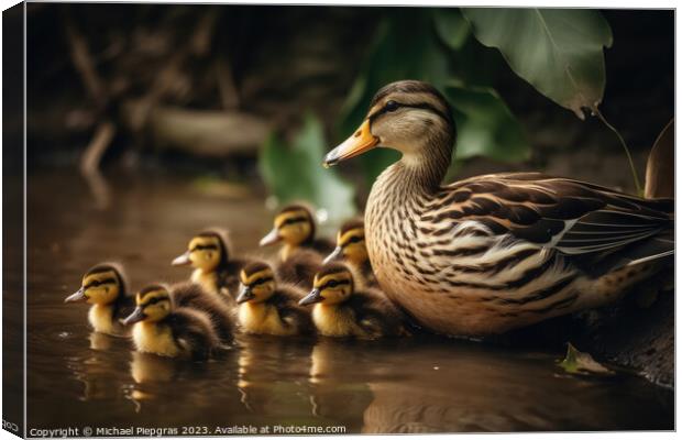 A duck mother with a lot of ducklings created with generative AI Canvas Print by Michael Piepgras
