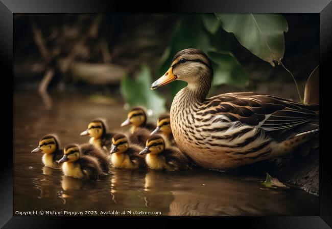 A duck mother with a lot of ducklings created with generative AI Framed Print by Michael Piepgras