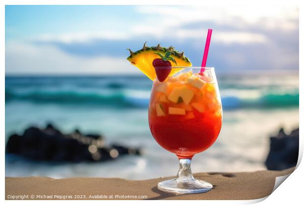 A fruity cocktail with a beautiful paradise beach soft backgroun Print by Michael Piepgras