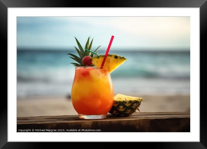A fruity cocktail with a beautiful paradise beach soft backgroun Framed Mounted Print by Michael Piepgras