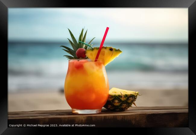 A fruity cocktail with a beautiful paradise beach soft backgroun Framed Print by Michael Piepgras