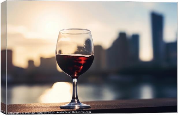 A glass of red wine with a sunny city soft focus background crea Canvas Print by Michael Piepgras