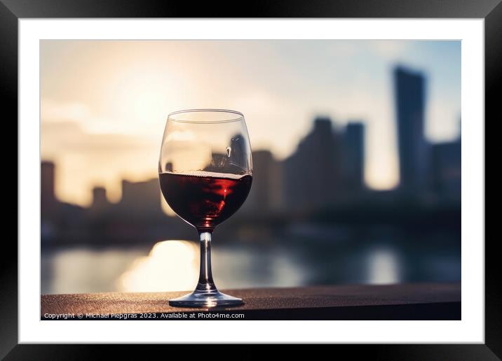 A glass of red wine with a sunny city soft focus background crea Framed Mounted Print by Michael Piepgras