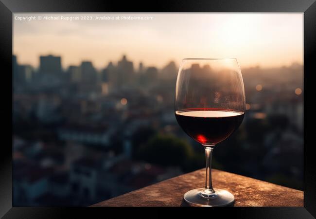 A glass of red wine with a sunny city soft focus background crea Framed Print by Michael Piepgras