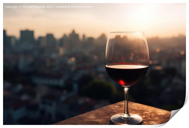 A glass of red wine with a sunny city soft focus background crea Print by Michael Piepgras