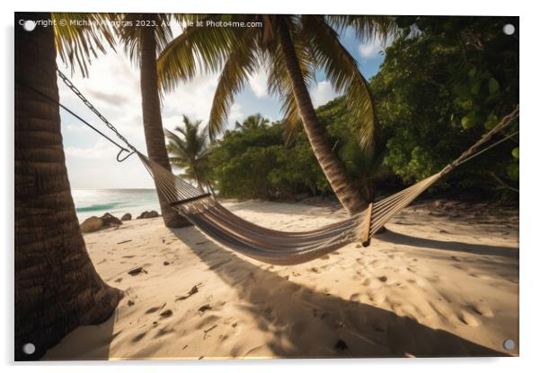 A hammock on a tropical beach created with generative AI technol Acrylic by Michael Piepgras