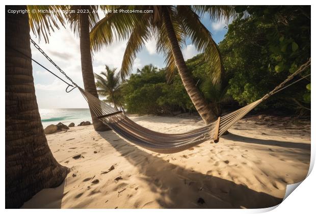 A hammock on a tropical beach created with generative AI technol Print by Michael Piepgras