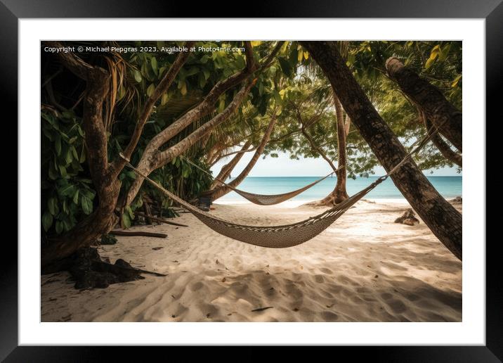 A hammock on a tropical beach created with generative AI technol Framed Mounted Print by Michael Piepgras
