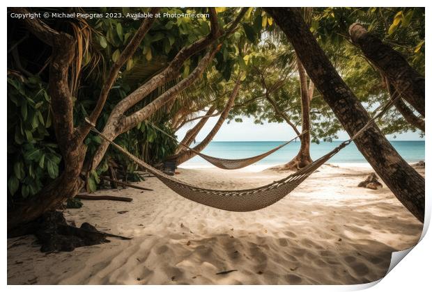 A hammock on a tropical beach created with generative AI technol Print by Michael Piepgras