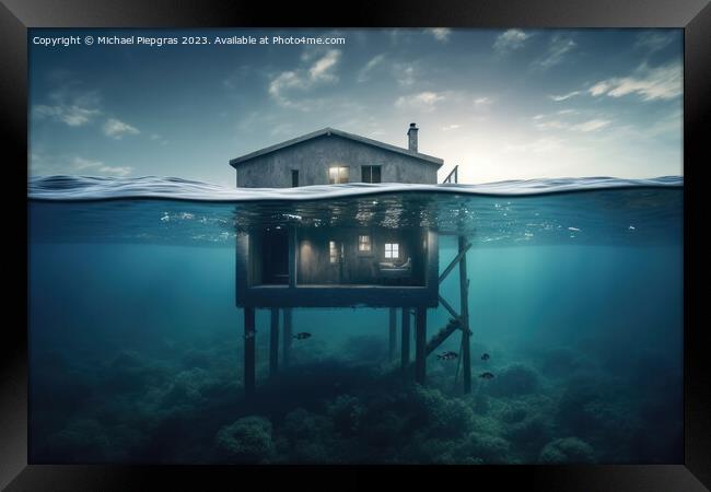 A house on the ground of the ocean under water created with gene Framed Print by Michael Piepgras