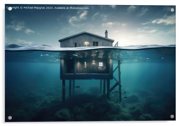 A house on the ground of the ocean under water created with gene Acrylic by Michael Piepgras