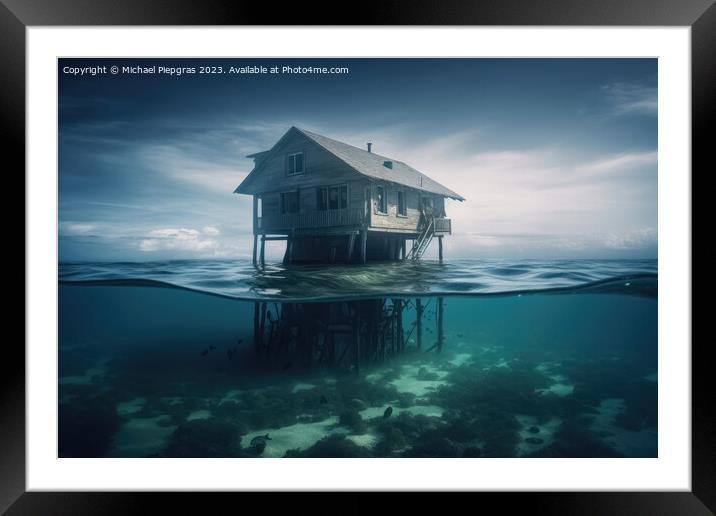 A house on the ground of the ocean under water created with gene Framed Mounted Print by Michael Piepgras