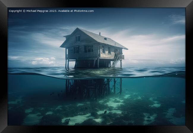 A house on the ground of the ocean under water created with gene Framed Print by Michael Piepgras