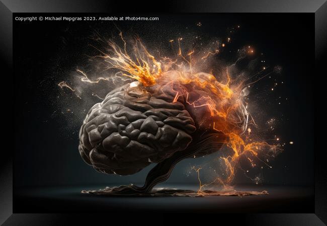 A human brain exploding with knowledge and creativity created wi Framed Print by Michael Piepgras