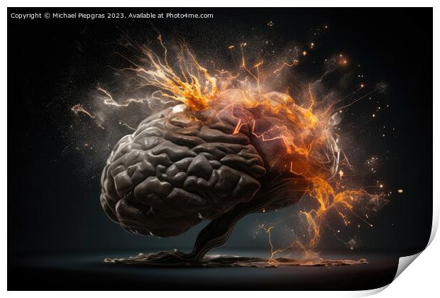 A human brain exploding with knowledge and creativity created wi Print by Michael Piepgras