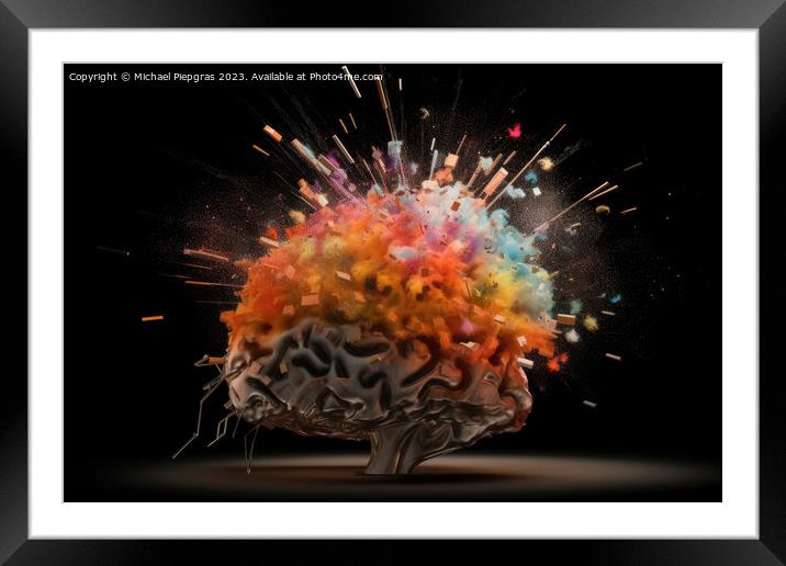 A human brain exploding with knowledge and creativity created wi Framed Mounted Print by Michael Piepgras