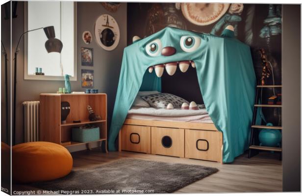 A kids bedroom with a monster bed created with generative AI tec Canvas Print by Michael Piepgras
