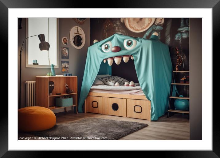 A kids bedroom with a monster bed created with generative AI tec Framed Mounted Print by Michael Piepgras