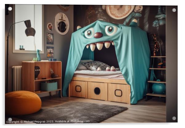 A kids bedroom with a monster bed created with generative AI tec Acrylic by Michael Piepgras