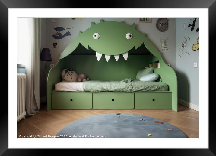 A kids bedroom with a monster bed created with generative AI tec Framed Mounted Print by Michael Piepgras