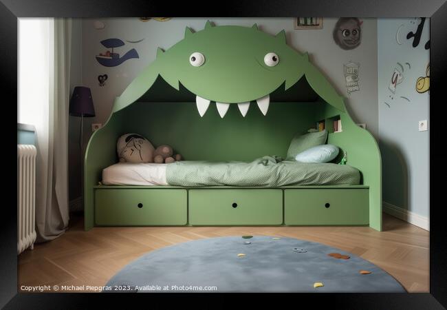 A kids bedroom with a monster bed created with generative AI tec Framed Print by Michael Piepgras