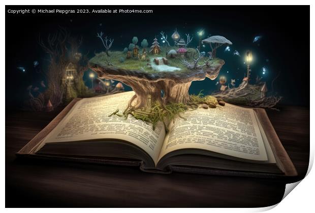 A magical book with fantasy stories coming out of the book creat Print by Michael Piepgras
