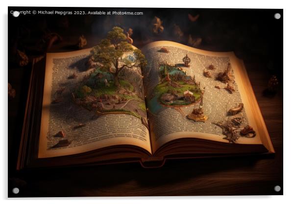 A magical book with fantasy stories coming out of the book creat Acrylic by Michael Piepgras