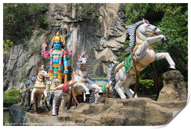 Hindu God with horse carriage at Ramayana Cave Print by Hanif Setiawan